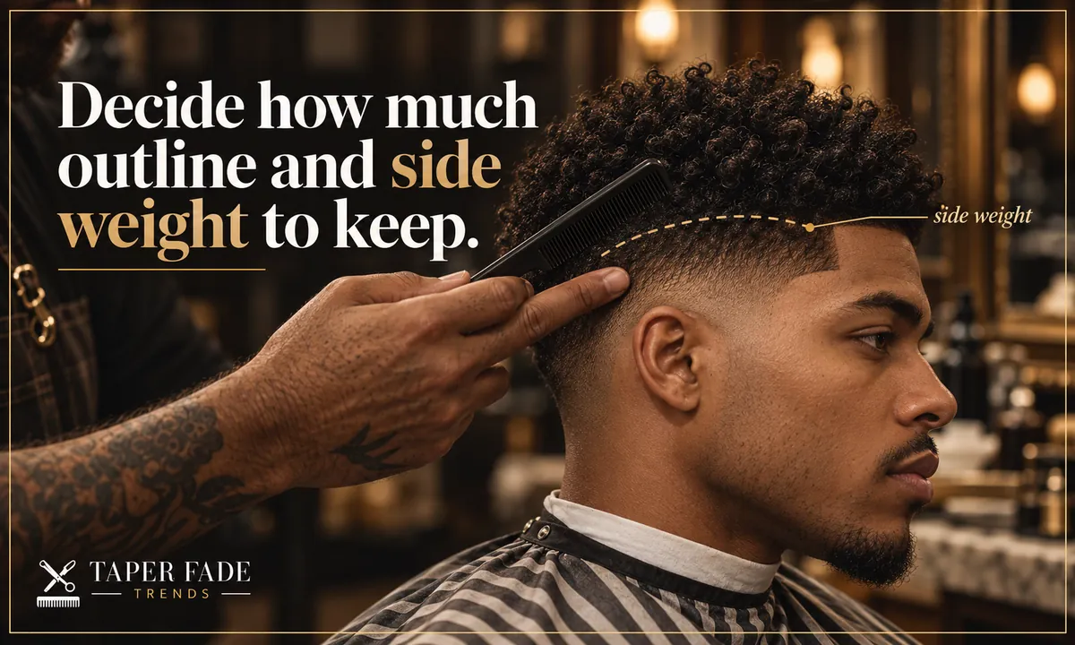 Illustration of a barber holding a comb at a dashed line above the ear that marks the side weight kept on a coily high taper