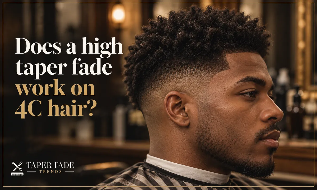 Illustration of a man in profile with a dense, tightly coiled top over a high taper fade