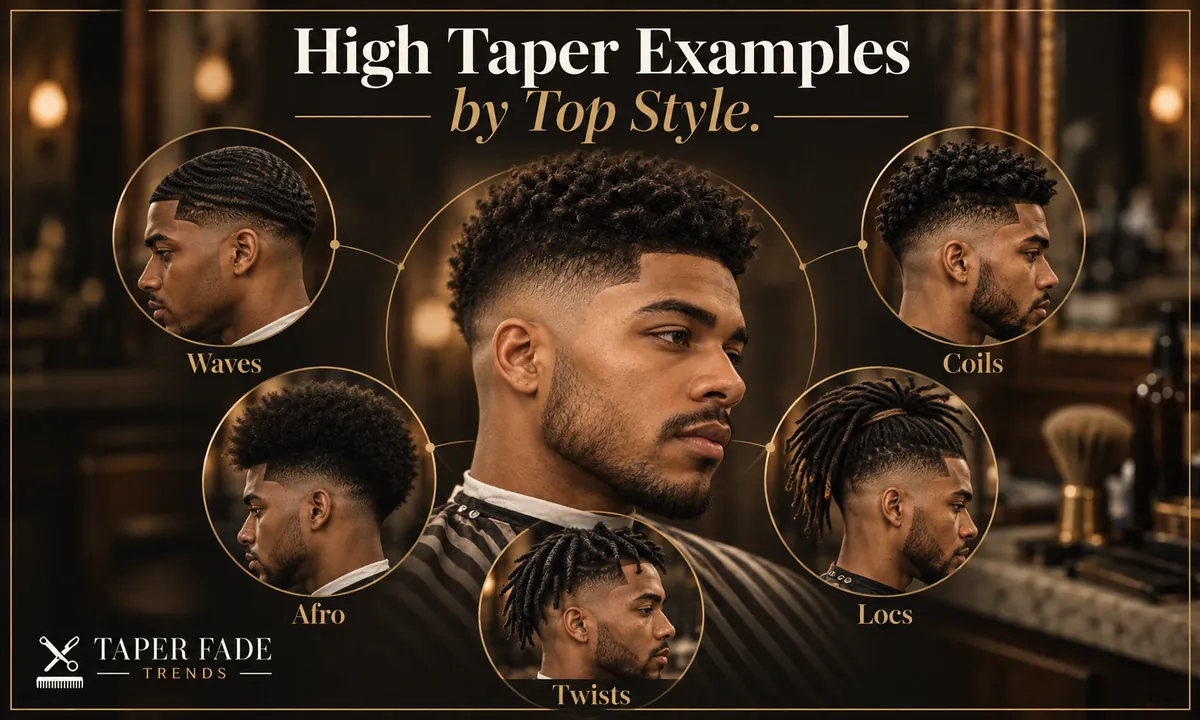 Illustration of high taper fades under five top styles, labeled waves, coils, Afro, twists and locs, around a central coily-top profile