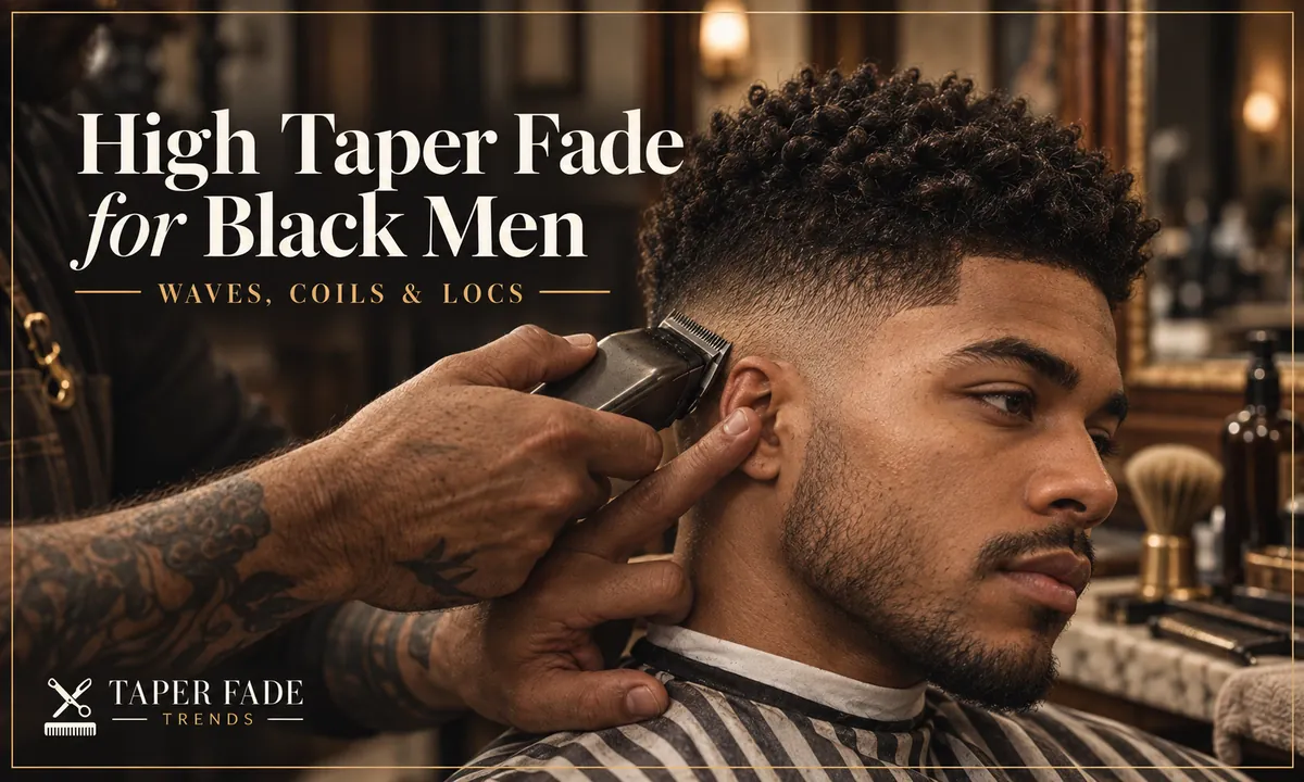 Illustration of a barber clipping a high taper fade above the ear of a Black man with a short coily top