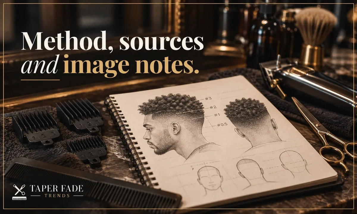 Illustration of a sketchbook of taper drawings beside clipper guards, a comb, scissors and clippers on a barber’s counter