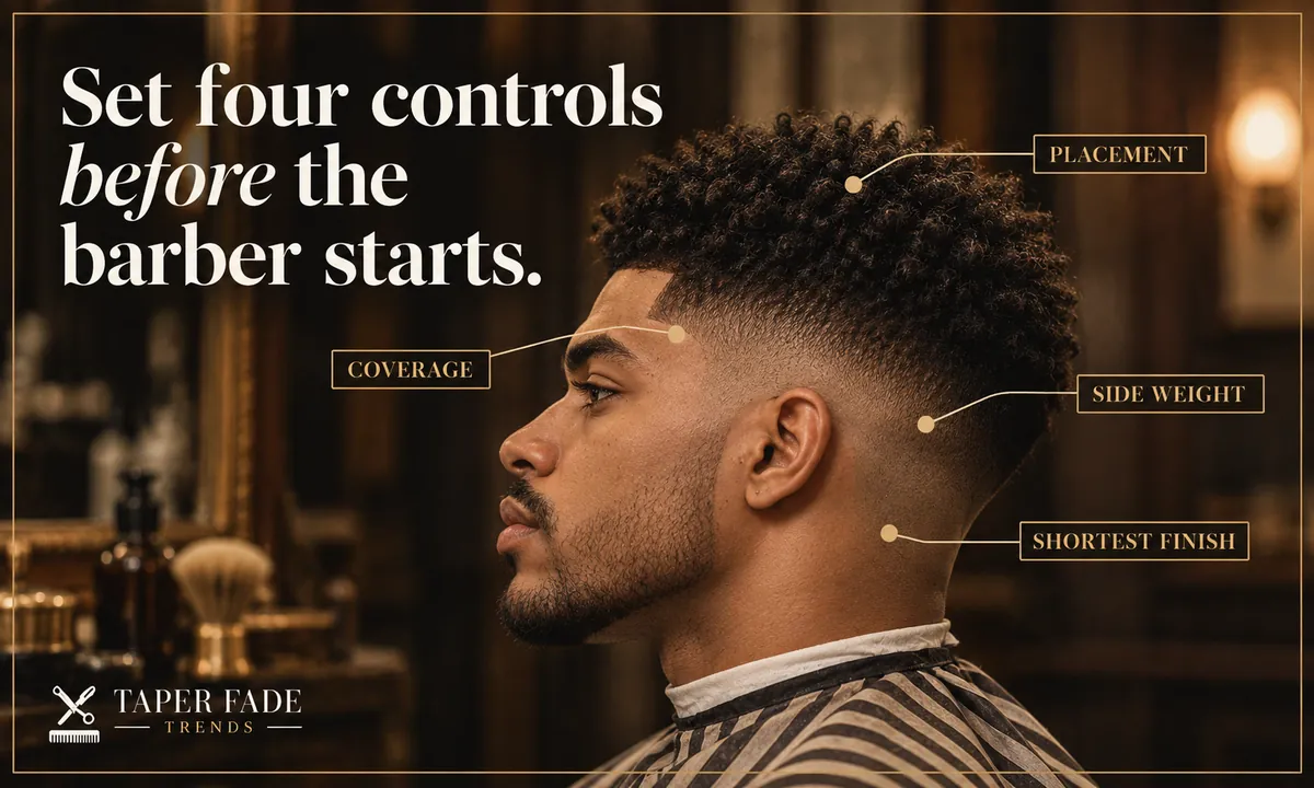 Labeled side view of a man with a coily top and a high taper fade, marking placement, coverage, side weight and the shortest finish