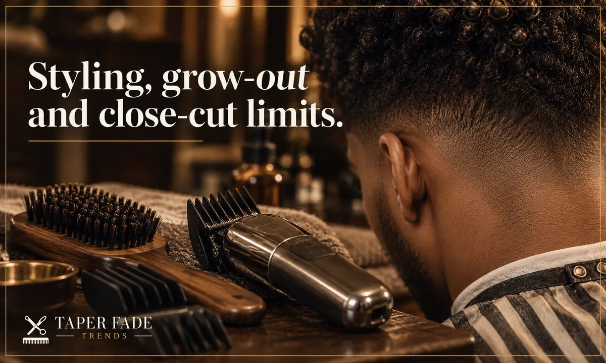 Illustration of the back of a coily high taper fade beside a clipper with a guard attached and a wooden wave brush