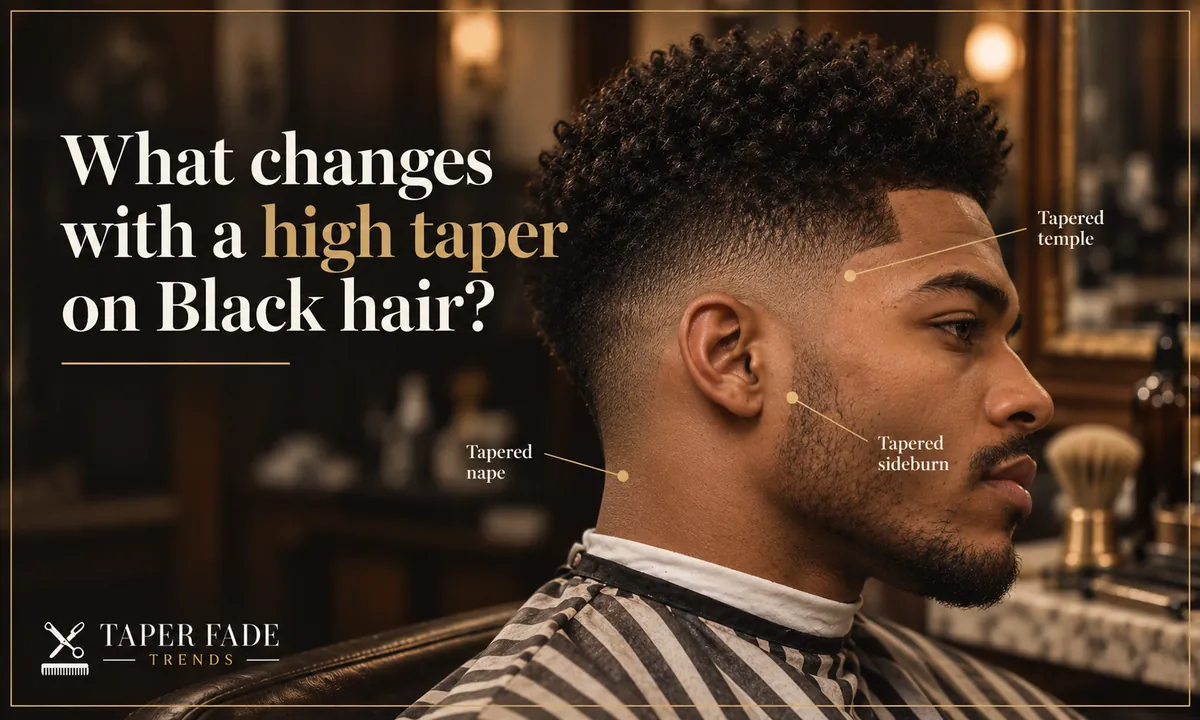 Illustration of a Black man in profile with a coily top and a high taper fade, labels marking the tapered temple, sideburn and nape