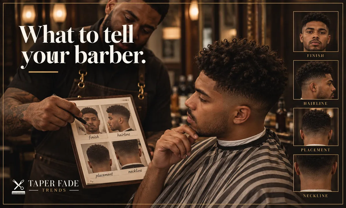 Illustration of a barber showing a client a reference board with front, side and back photos labeled finish, hairline, placement and neckline