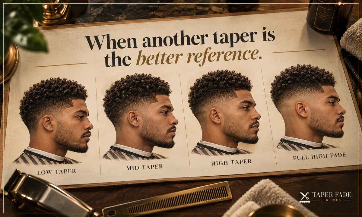 Illustration of four side profiles of the same coily-haired man, labeled low taper, mid taper, high taper and full high fade