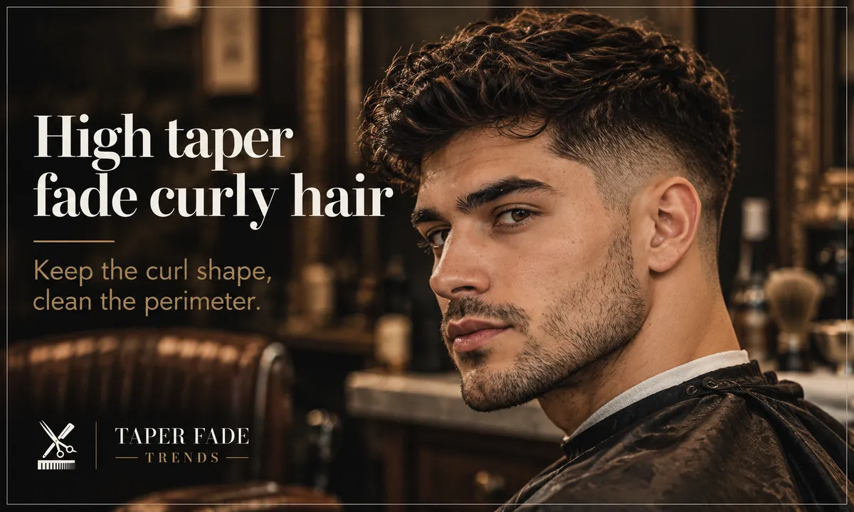 Illustration of a man with a curly top and a high taper fade cleaned up at the temple and behind the ear, seated in a barbershop chair