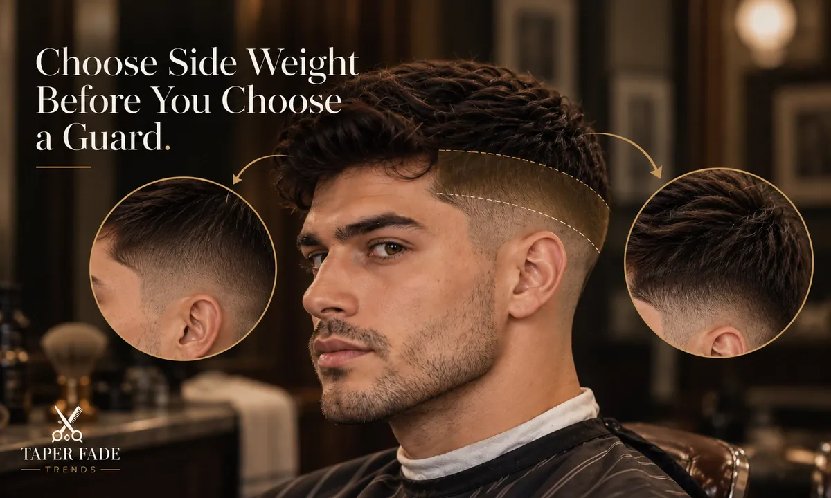Illustration of a high taper fade with dashed lines marking the side weight band, beside two close-ups of the side
