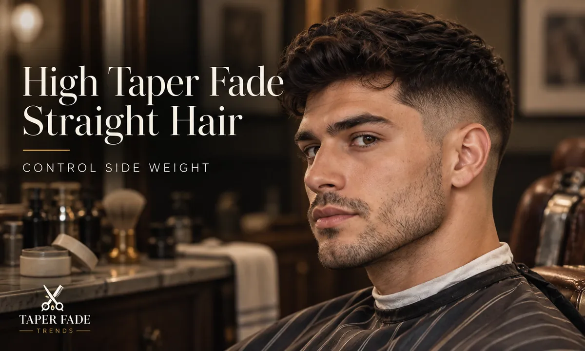 Illustration of a man in a barber’s chair with a high taper fade on straight hair, short at the temple, longer on top