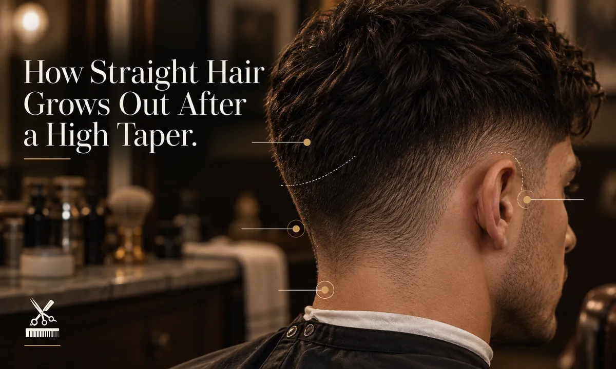 Illustration of the back and side of a high taper fade with markers at the weight line, the side, the nape and the sideburn