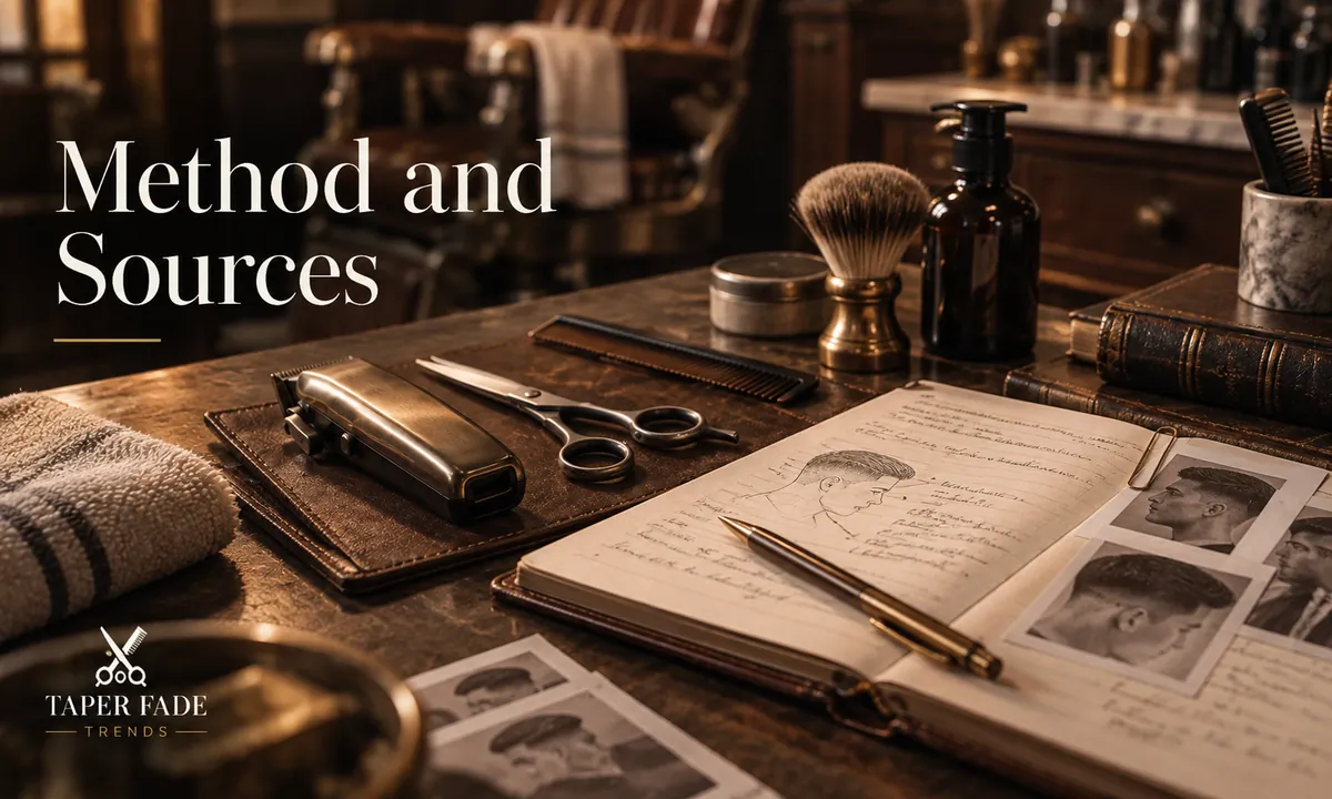 Illustration of a barbershop desk with clippers, scissors, a comb, a notebook of haircut sketches and reference photos