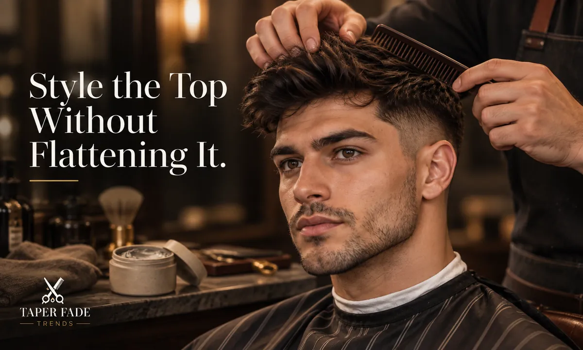 Illustration of a barber lifting the top of a high taper fade with a comb, a jar of styling product on the counter