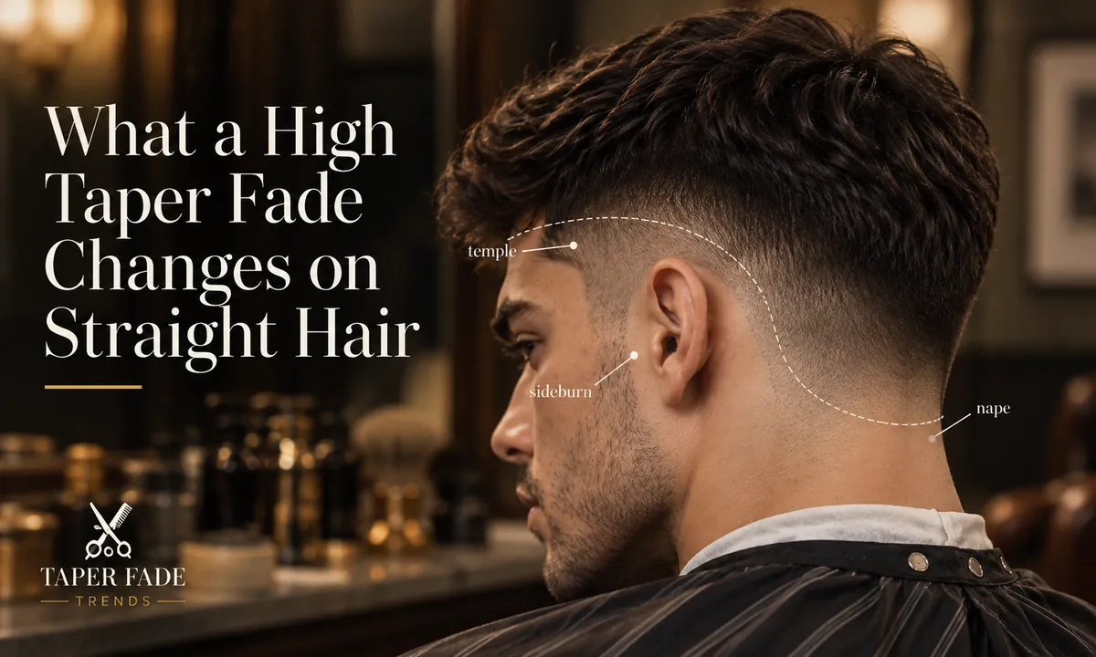 Illustration of a high taper fade with a dashed line tracing the blend from the temple past the sideburn to the nape