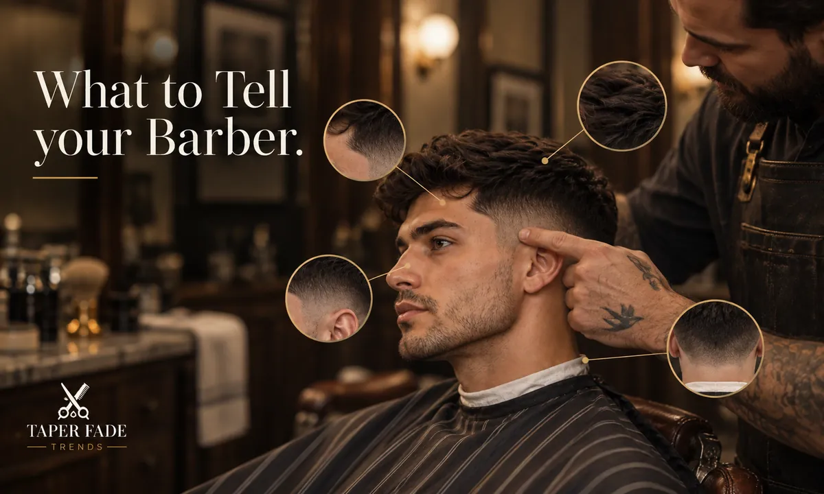 Illustration of a barber pointing to a client’s temple, with close-ups of the temple, side, top and nape of the taper
