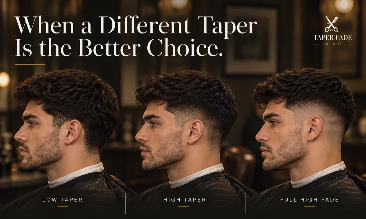 Illustration of three side profiles of the same man, labeled low taper, high taper and full high fade