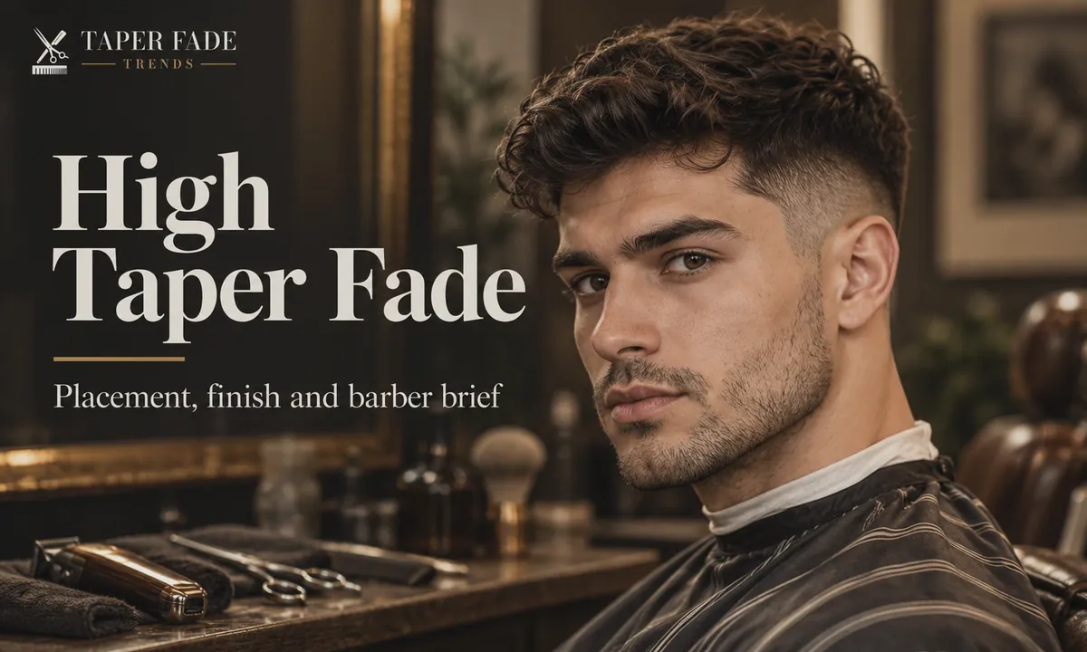 AI-generated barbershop portrait of a man with a curly top and a high taper fade at the temple