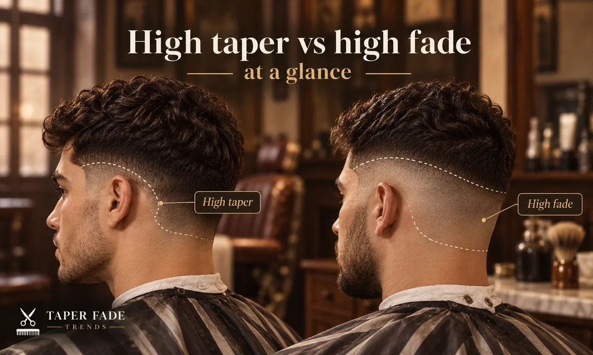 Illustration of high taper vs high fade from behind, dashed lines marking each cut’s short zone at the side and nape