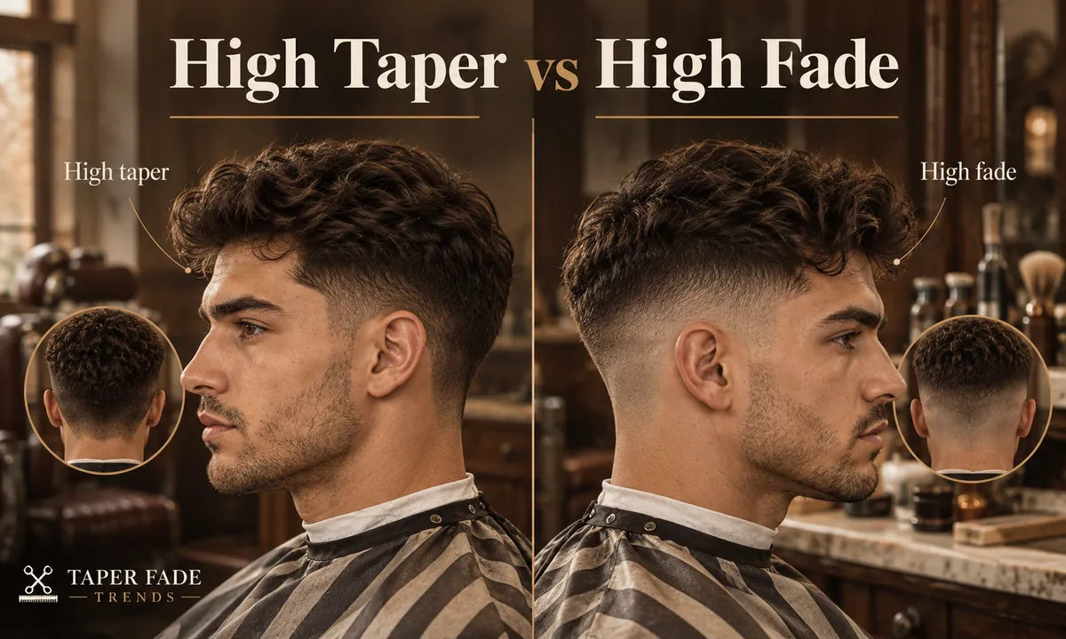 Illustration of a high taper with fuller sides beside a high fade taken short across the side, with back-view insets