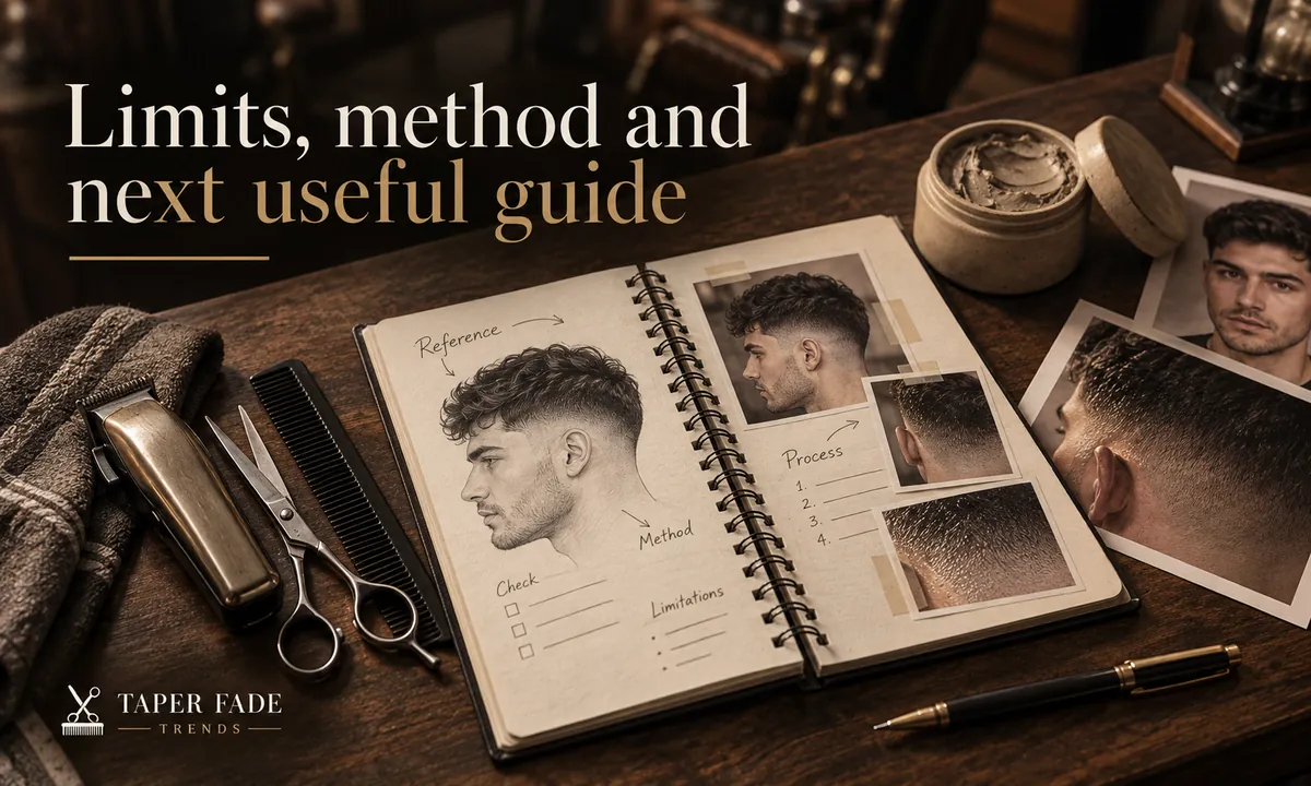 Illustration of an open notebook with a sketched taper profile, reference photos and a checklist beside clippers, scissors and a comb
