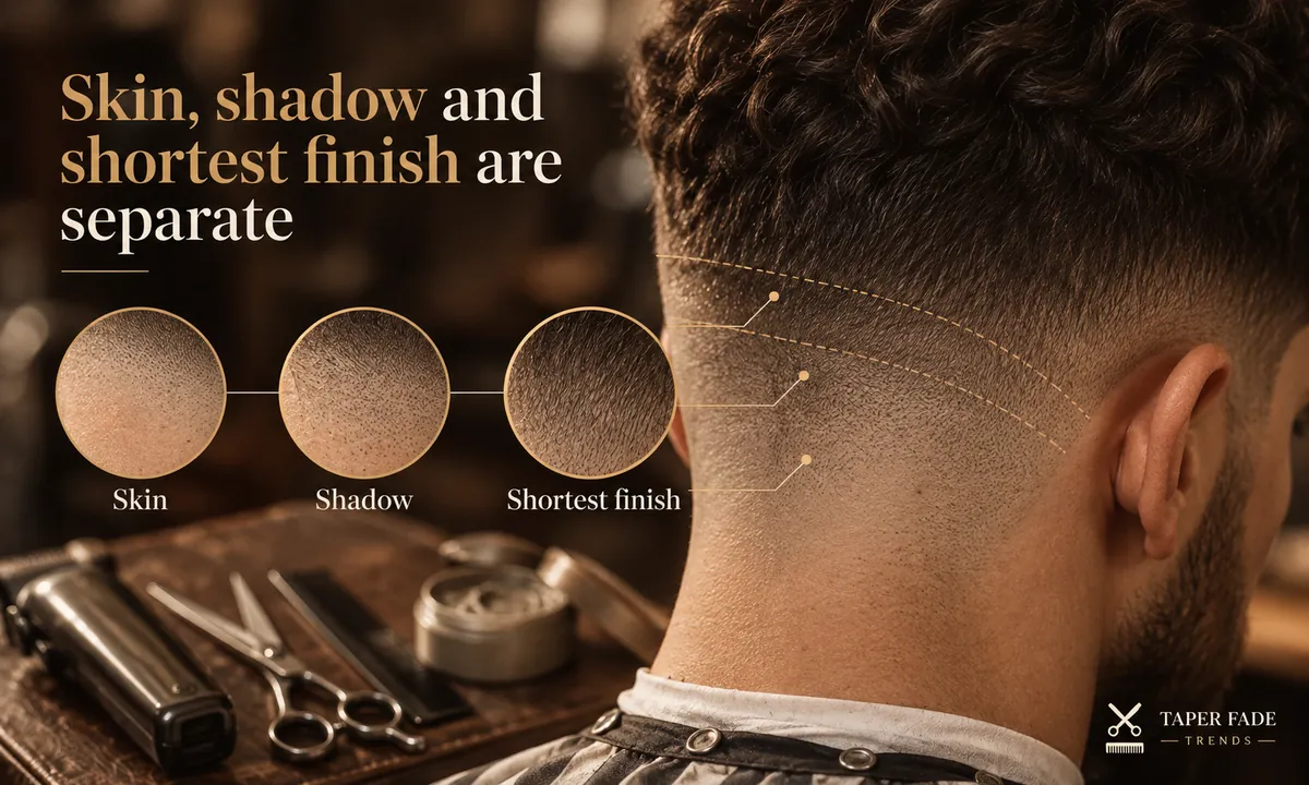 Illustration of a faded neck and side with three close-up circles comparing skin, shadow and shortest-finish lengths