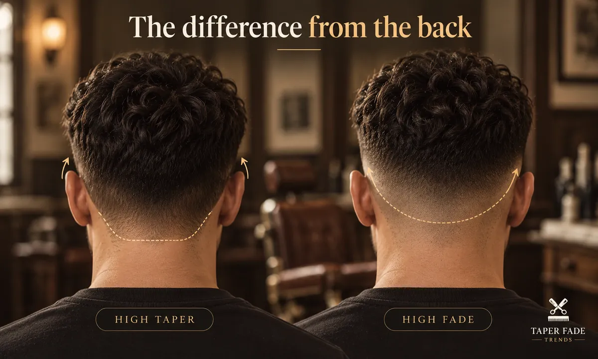 Illustration from behind: a high taper’s short zone stops at the nape, a high fade’s wraps around the back