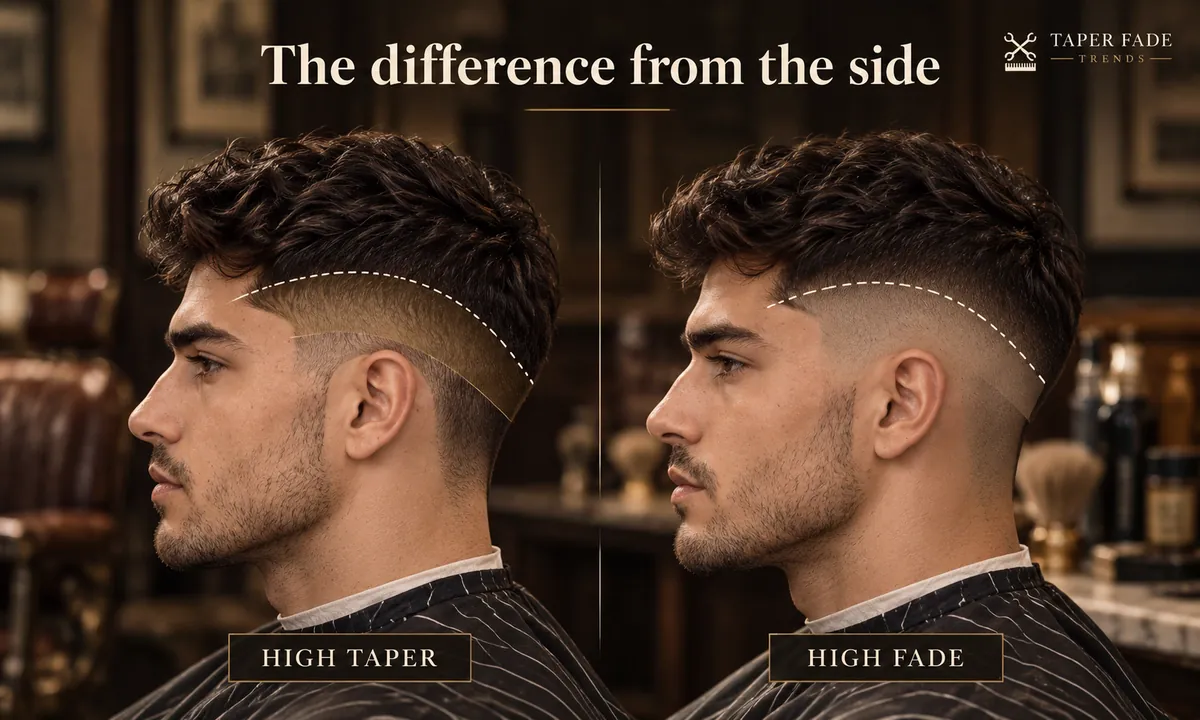 Illustration of a high taper and a high fade in profile, dashed lines showing how much side panel stays long