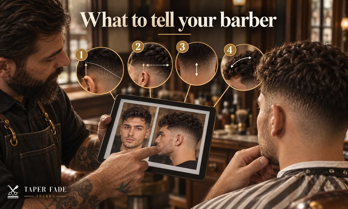 Illustration of a barber pointing at reference photos on a tablet, with four numbered close-ups of the cut’s controls