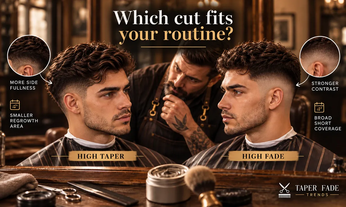 Illustration of a barber comparing a high taper (side fullness, smaller regrowth area) with a high fade (stronger contrast)