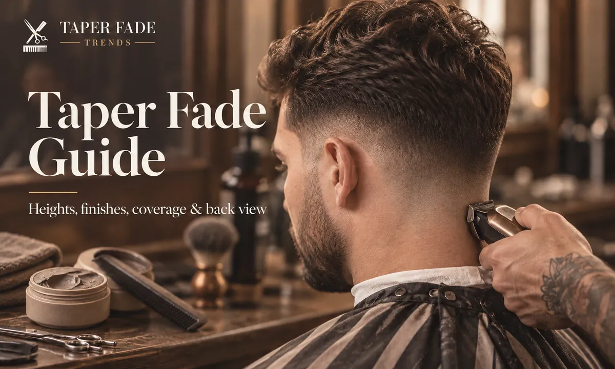 AI-generated editorial barbershop scene showing a taper fade haircut being trimmed from behind