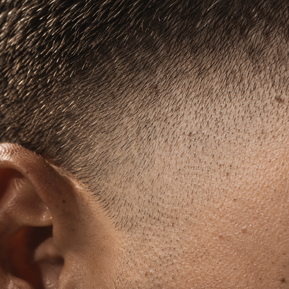 Close macro photograph of a fade gradient on the side of a head, hair running from dense to skin.