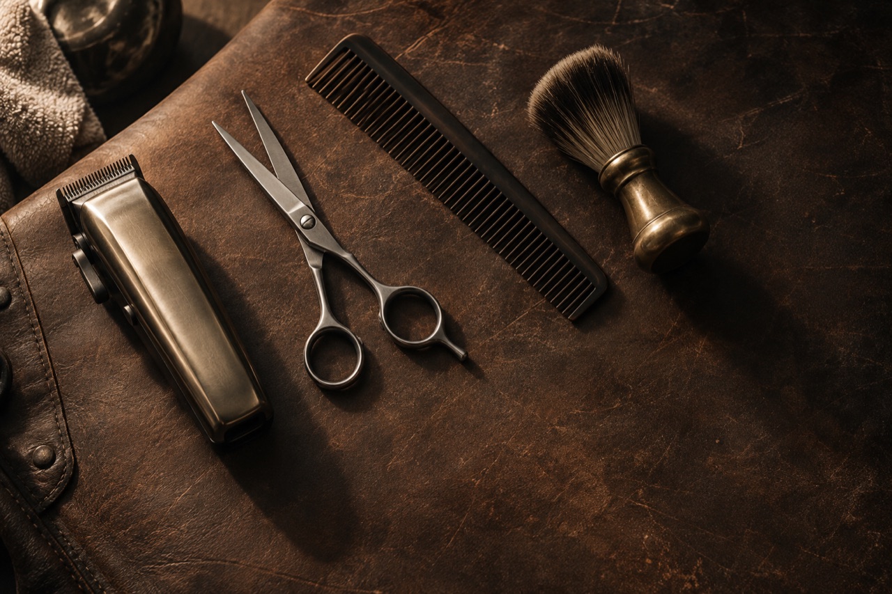 Clippers, shears, a comb and a brush arranged on worn dark leather.